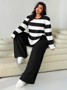 SHEIN EZwear Bộ đồ hai mảnh cổ tròn sọc đen trắng cỡ lớn dành cho nữ, áo phông dài tay và quần dài thường ngày, bộ đồ thu đông cho nữ, bộ đồ mặc nhà thoải mái, bộ đồ hai mảnh dài tay - Đen và trắng - Xem 2