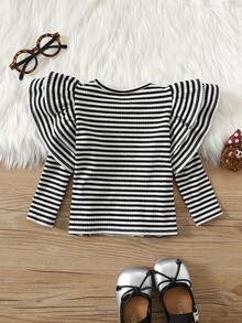 Baby Girl Black & White Striped Ruffle Sleeve Thermal Lined Thick Elastic Top, Suitable For Winter