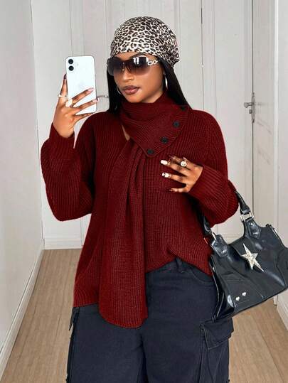 Maweii Plusstorlek Dam Enfärgad Elegant Pälskrage Stickad Tröja