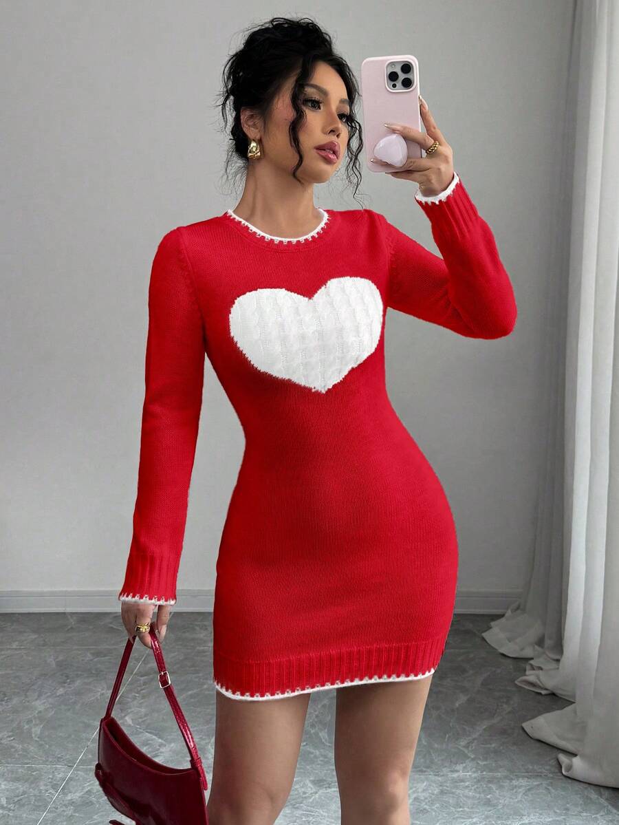 Rafferiza Vestido de Tricô com Coração Trançado, Recorte Contrastante, Novidade da Moda para o Dia dos Namorados 2024 - Vermelho e Branco - Visão 1