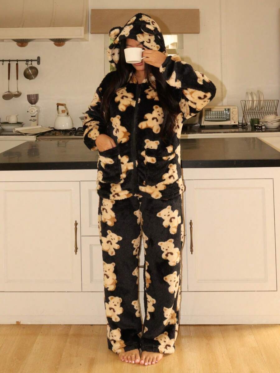 Lowkey Lull FamilyFrolics 毛绒熊耳装饰女士睡衣，亲子套装，2 件套柔软舒适女士睡衣，时尚秋季款 - 彩色 - 查看 1