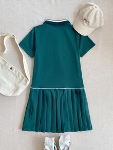 Joliand Joliand 1 件青少年女孩优雅校园休闲都市网球拍图案白色条纹 Polo 领短袖绿色连衣裙，适合外出、聚会、返校、冬季、秋季 - 綠色 - 查看 2