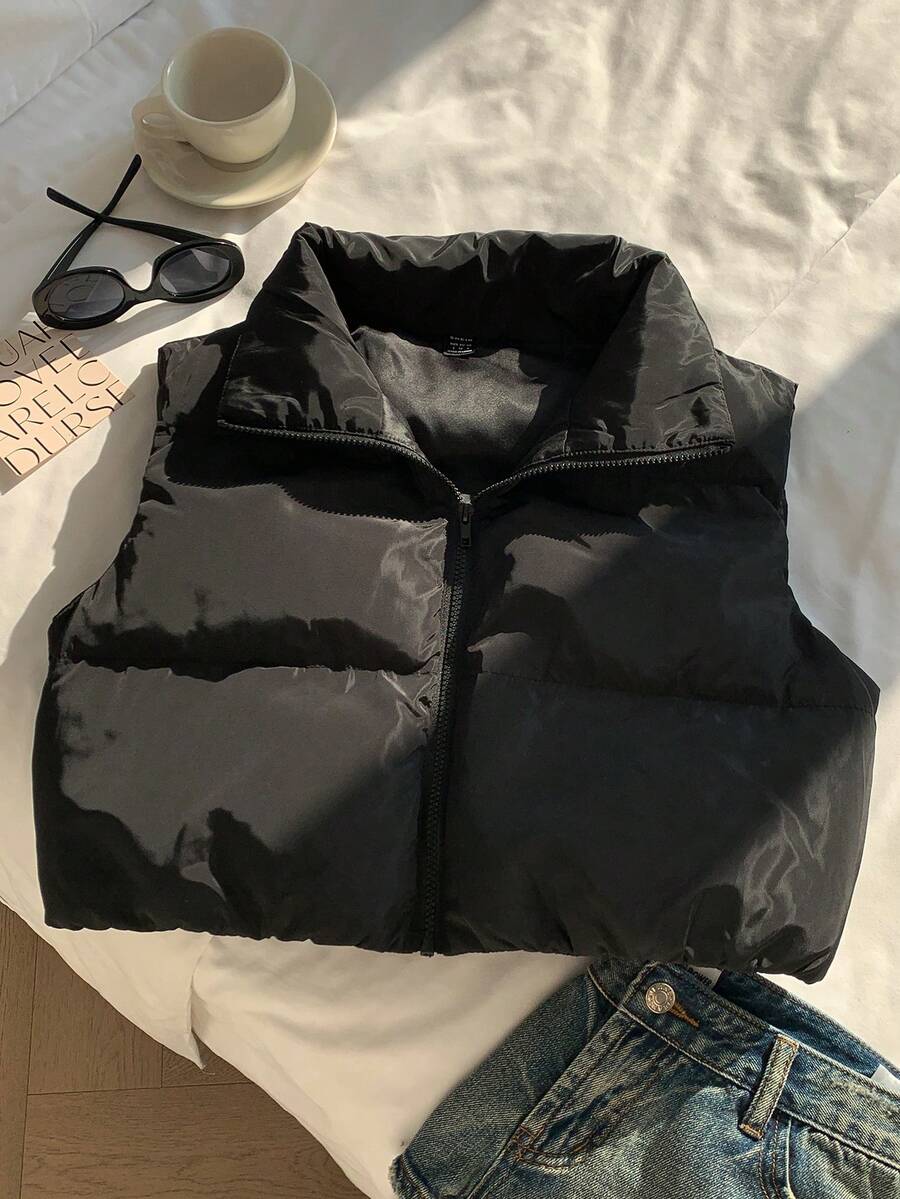 SHEIN EZwear 女式纯色前拉链休闲背心夹克,冬季 - 黑色 - 查看 1