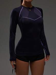 Dewbera 女士圆领插肩袖修身休闲运动功能性长袖上衣 - 黑色 - 查看 4