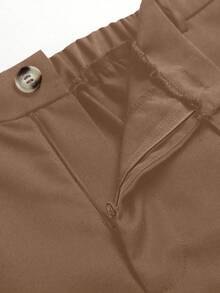 SHEIN LUNE 大码女式纯色阔腿宽松休闲办公裤 - 卡其色 - 查看 6