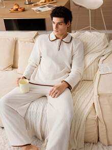 CoupledUp 男士舒适休闲翻领三粒扣长袖睡衣套装，秋冬款 - 米色 - 查看 5
