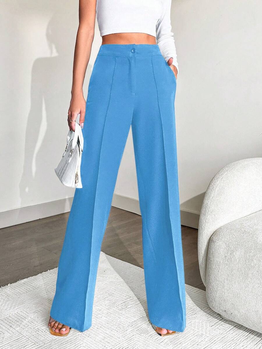 Women's Simple Solid Color Seam Front Pocket Loose Straight Leg Office Pants - Baby Blue - View 1