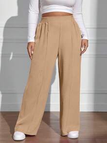 EURMUSE Pantalones sueltos de talla grande de unicolor con cintura elástica y pliegues - Beis - Ver 5