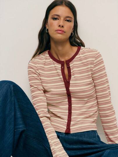 Nöista Long-Sleeve Knit Cardigan With Contrast Trim And A Fitted Silhouette, Offering A Retro-Inspired Layering Piece Ideal For Women's Spring Break Outfits Outfits; Perfect For Casual Seasonal Styling, Pairing With Blouses Or High-Waisted Pants, And Creating Polished Looks For Everyday Wear, Birthday Outfits For Women Clothes Gatherings And Refined Valentine's Day.