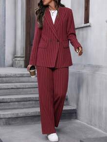 EMERY ROSE Women's Striped Lapel NeckLong Sleeve Jacket And Pants Casual Suit Set Woman Suit Blazer Set For Women Women Suits Two Pieces Outfits - Red - View 3