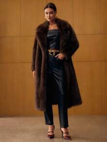 MOTF PREMIUM WOMEN'S LAPEL COLLAR LONG FAUX FUR COAT, AUTUMN/WINTER - Coffee Brown - View 4