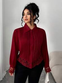 Elenzga 大码女式撞色蕾丝长袖褶皱设计优雅衬衫 - 酒紅色 - 查看 3