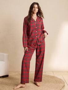 SHEIN Bộ đồ ngủ nữ kiểu dáng thường ngày, áo cổ bẻ và quần kẻ caro, thoải mái và thanh lịch, thích hợp cho mùa thu đông. - Nhiều màu - Xem 3