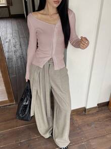 DAZY Áo khoác cardigan dệt kim dài tay, màu trơn, cài một hàng khuy, vai lệch, dành cho nữ, thích hợp cho mùa Thu/Đông/Xuân. - Hồng - Xem 4