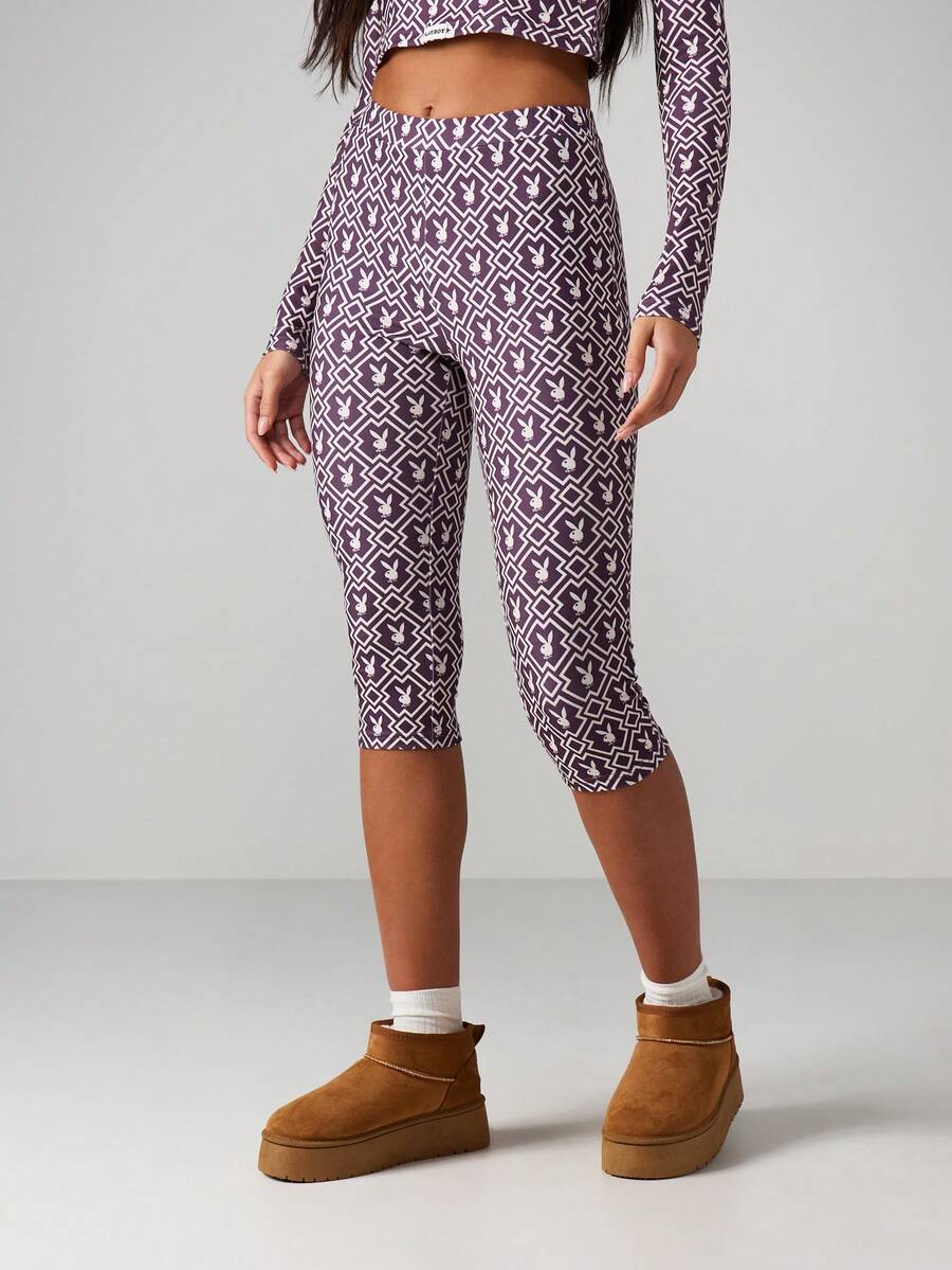 Missguided x Playboy Purple Geometric Pattern High Waisted Capri Leggings With Logo Print - Multicolor - View 1