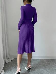 Rafferiza Rochie elegantă minimalistă tricotată, cu guler înalt, mânecă lungă, talie scurtă, culoare solidă, cu nod