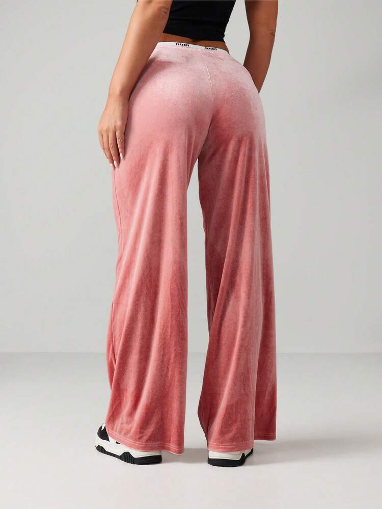 Missguided x Playboy Velvet Wide Leg High Rise Sweatpants With Elastic Waistband For Comfortable Loungewear And Casual Wear