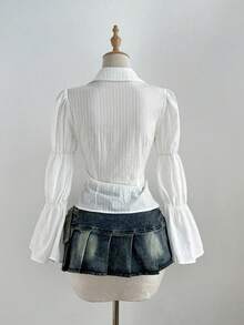 Elamini Women's White Long Sleeve Shirt, Elegant Styling, Versatile For Autumn/Winter Everyday Commute, Relaxed Fit With Textured Fabric - White - View 2