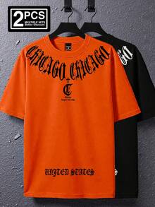 Manfinity EMRG 2pcs Chicago Gothic Style Graphic Loose Fit Men's Round Neck T-Shirts - Orange - View 3