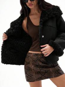 Aveloria GENKIRA Autumn/Winter New Khaki Women's Faux Fur Jacket, High-End Metallic Leather & Fur Blend Punk Collar Decorated Jacket, Fashionable & Versatile - Black - View 7