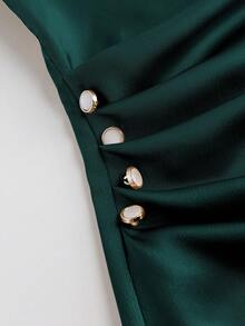 GlowEve CURVE Plus Size Women's Shiny Fabric Long Sleeve Shirt, Versatile For Commuting, Side Pleated Design With Buttons - Olive Green - View 6