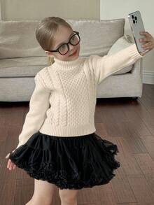 SHEIN Emery Rose Kids 女童纯色麻花针织高领毛衣，秋冬季，高领长袖针织毛衣，女童休闲不对称下摆套头衫，柔软保暖，适合冬季穿着，可爱复古，适合圣诞节，非常适合秋冬季休闲日常穿着和上学穿着，温暖舒适的长袖，非常适合休闲日常穿着和上学穿着，适合家庭度假穿着。 - 米色 - 查看 3