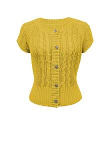 Rina Fox 女士复古休闲镂空绞花针织纽扣开衫，秋季 - 黃色 - 查看 3