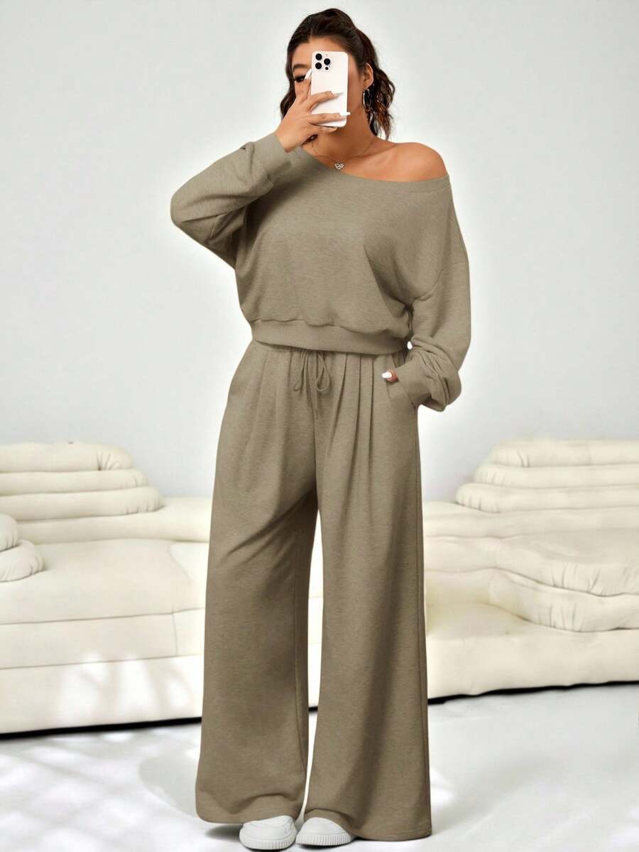 Solflare Plus Size Women Solid Color Asymmetric Neck Long Sleeve Sweatshirt And Pants Casual 2 Pieces Set - Khaki - View 1