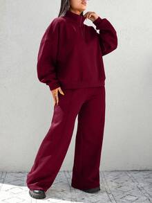 EURMUSE 100%Cotton Petite Half Zip Drop Shoulder Sweatshirt & Sweatpants - Burgundy - View 5