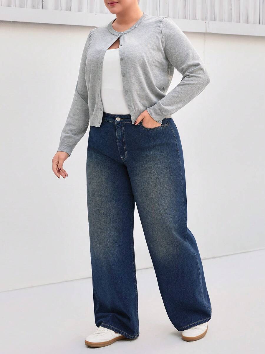 SHEIN Plus High Waist Snow Wash Wideleg Jean - Medium Wash - View 1