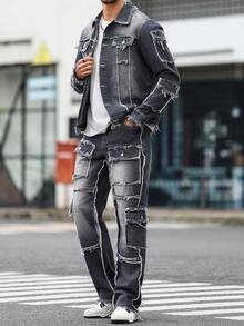 Manfinity LEGND 男士休闲做旧毛边灰色牛仔套装 - 深灰色 - 查看 5