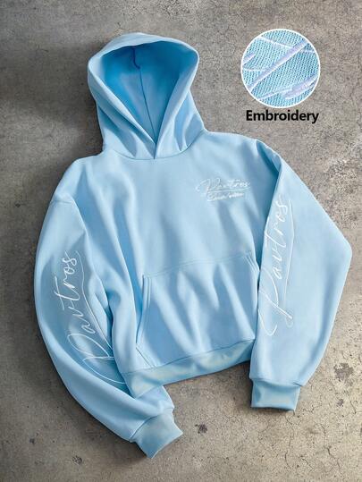 PAVTROS 男士街头风潮流INS穿搭，中英文字母刺绣连帽衫，适合户外音乐节、日常穿着、朋友聚会、送给男友/老公的礼物、周年纪念礼物，蓝色