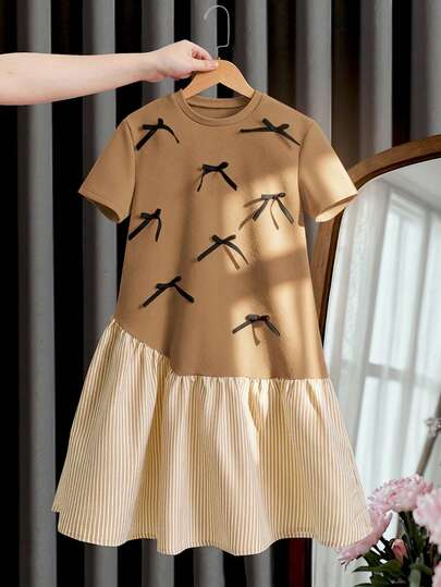 Tween Girl Bow Decor Round Neck Short Sleeve Striped Ruffle Hem Casual Dress