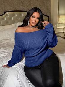 NU&NOW Áo len dệt kim màu trơn hở vai cỡ lớn cho nữ - Màu xanh lam - Xem 5