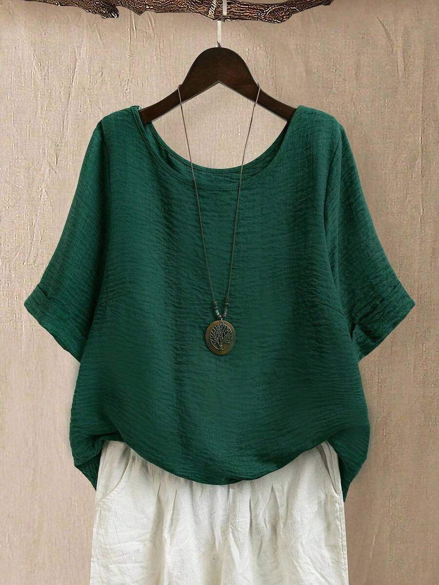 EMERY ROSE 大码女士休闲/日常/外出圆领舒适简约套头衫，春/夏，深绿色 - 墨綠色 - 查看 1