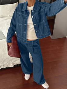 DAZY 女士长袖单排扣外套和阔腿牛仔裤休闲套装 - 藍色 - 查看 4