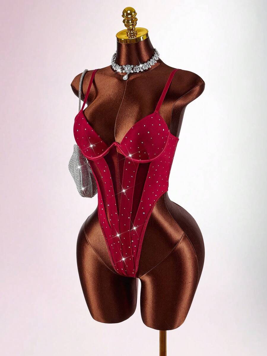 Amplova Burgundy Sexy Sleeveless Cami Bodysuit For Women With Sheer Fabric And Rhinestones