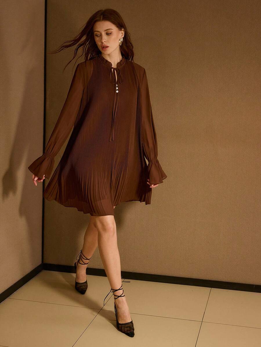 S.W.Smiley x MOTF PREMIUM PLEATED LONG SLEEVE A-LINE MINI DRESS - Coffee - View 1