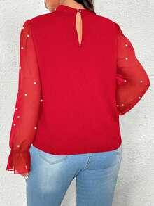 Vionelle Blusa de manga larga con volantes de parche de gasa y decoración de perlas, elegante y romántica para fiestas - Rojo - Ver 2