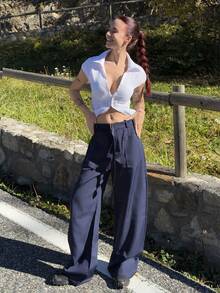 Abrilcols Pantalones elegantes con pernera acampanada y decoración de bolsillo en la cintura para mujer - Azul Marino - Ver 4