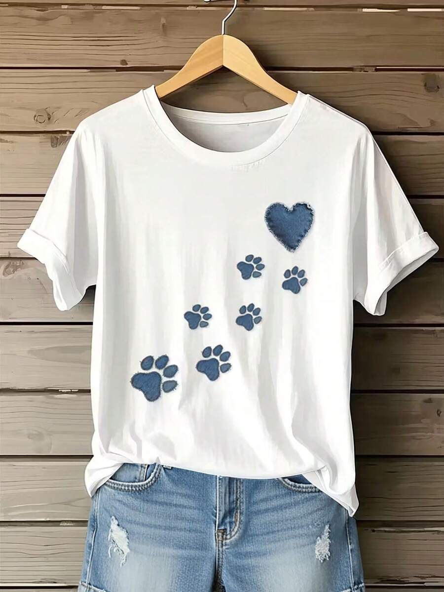 INAWLY Heart Print Pattern T-Shirt For Women, Denim-Effect Design - White - View 1