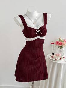 Comfortcana Lace Patchwork Wine Red Bow A-Line Mini Dress For Women New Year's Outfit For Women Maroon Dress
