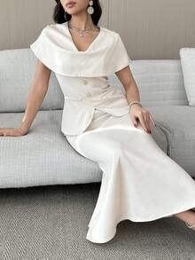 Modelyn Set da 2 pezzi composto da top aderente con collo a drappeggio e gonna con orlo a coda di pesce, adatto per primavera/estate/autunno - Champagne - Visualizzare 4