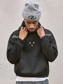 AXEPEAK 男士字母印花休闲口袋长袖宽松连帽卫衣 - 黑色 - 查看 5