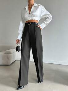 SHEIN Cottnline 女款極簡休閒通勤商務辦公純色斜口袋直筒長褲，秋季教師節黑色 - 深灰色 - 查看 3