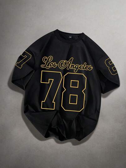 STYNVO 男士休闲字母数字图案圆领短袖T恤，夏季款