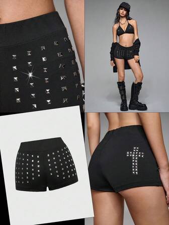 Grunge Punk Y2K Punk Rivet Cross Design Versatile Mini Shorts