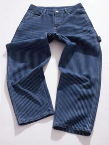 StoneGrade Men's Casual Vertical Striped Multi-Pocket Denim Jeans, Street Fashion , Perfect Holiday Gift For Boyfriend & Husband - Dark Wash - View 1