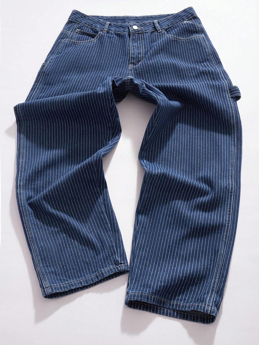 StoneGrade Men's Casual Vertical Striped Multi-Pocket Denim Jeans, Street Fashion , Perfect Holiday Gift For Boyfriend & Husband - Dark Wash - View 1