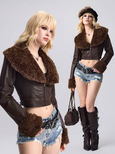 Goth Y2K Sexy Biker Jacket For Women, Faux Fur & Suede Patchwork Short Cropped Motorcycle Jacket